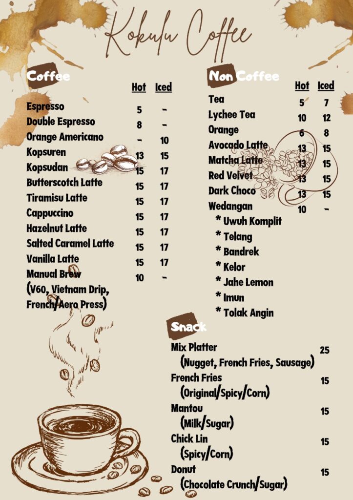 Daftar Harga Kokulu Coffee Shop Iti